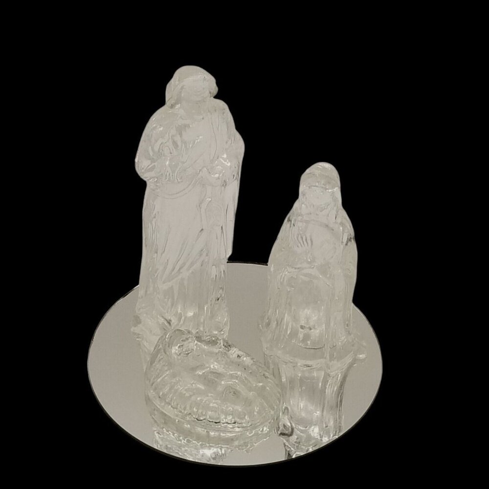 Vintage 80s Glass Nativity Mirrored Base Christmas Holiday 4 Piece Figurines Set